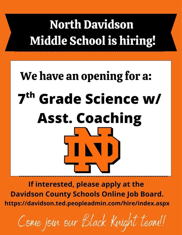 North Davidson Middle School is currently seeking a dedicated and qualified 7th-Grade Science Teacher to join our faculty for the upcoming school year.