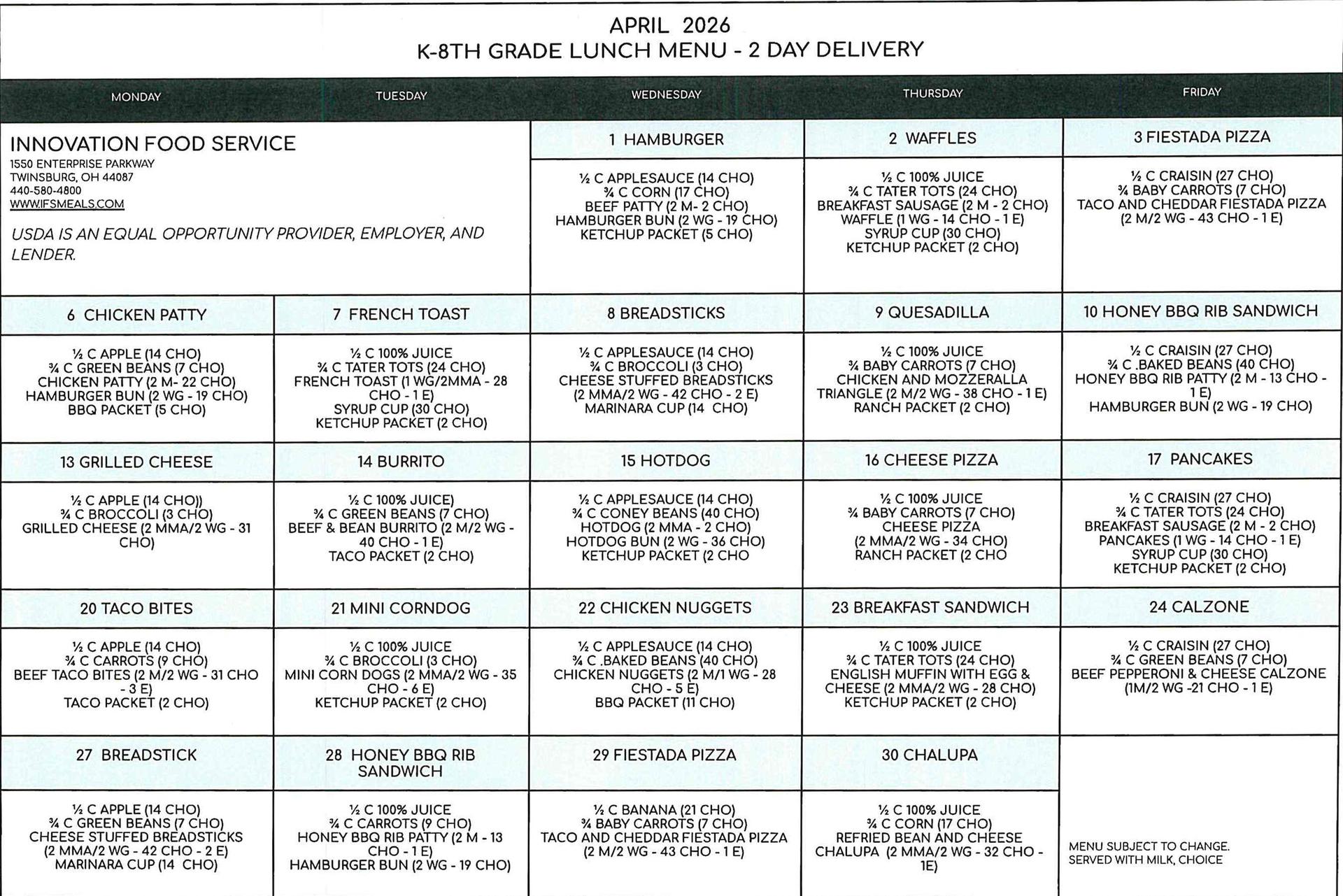 APRIL K-8 2 DAY LUNCH12345678