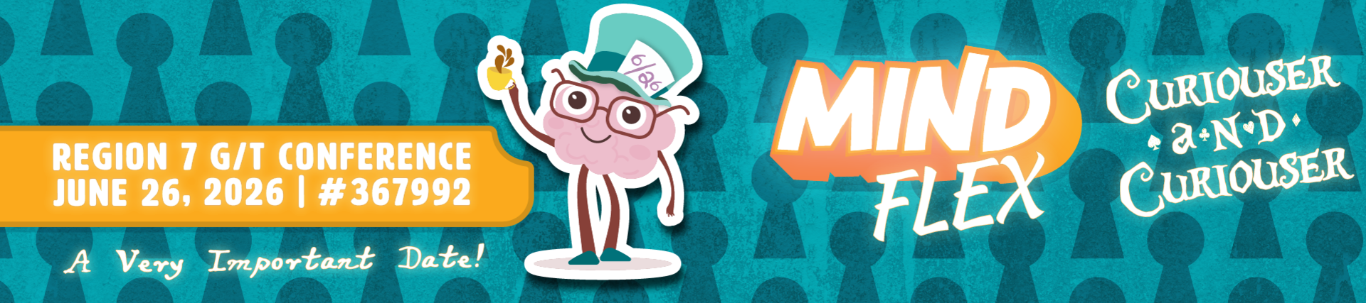 Colorful MindFlex conference banner with a smiling brain in a green hat holding a teacup.
