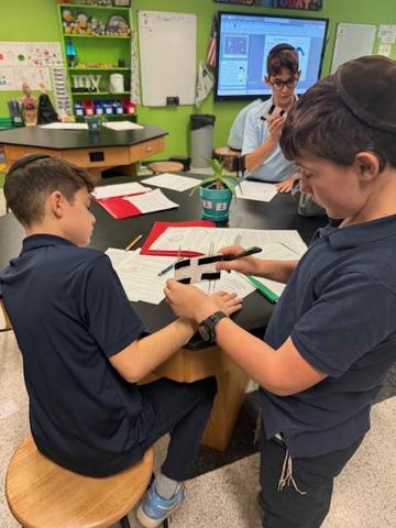 A student tests the skin sensitivity on his classmate's hands.