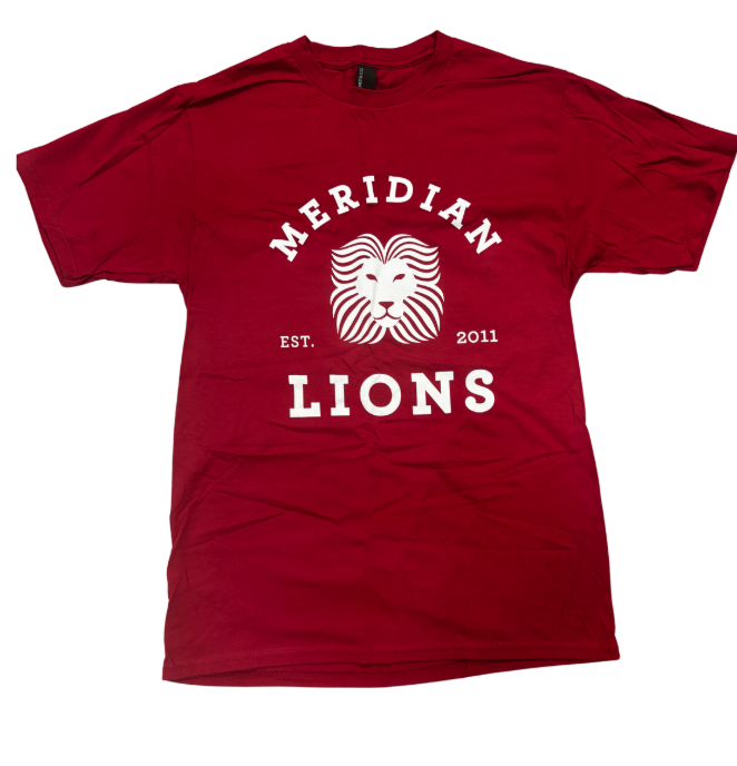 Red shirt with Meridian on it in a white circle