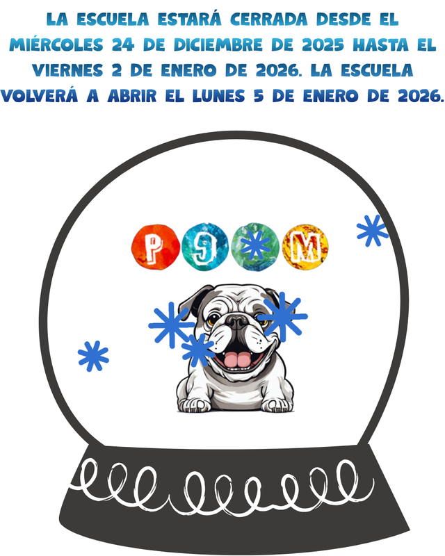 Spanish- A cartoon snow globe contains a smiling bulldog, colorful snowflakes, and the word TEAM.