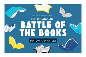 Poster for Battle of the Books event featuring colorful book illustrations.