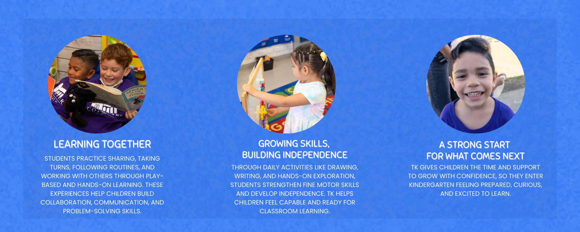 Graphic showing young students learning together, building skills and independence, and preparing for kindergarten success.