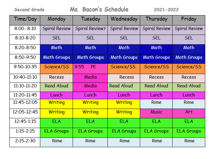 Class Schedule Ms. Nichole Bacon Midway Elementary School