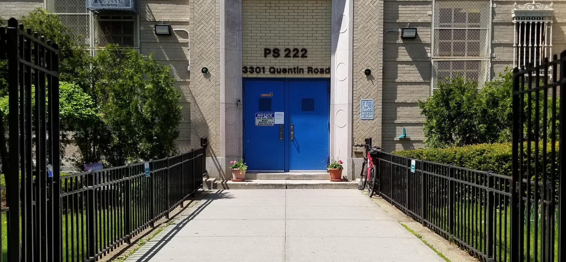 Entrance of PS 222 building with blue doors and pathway surrounded by greenery.