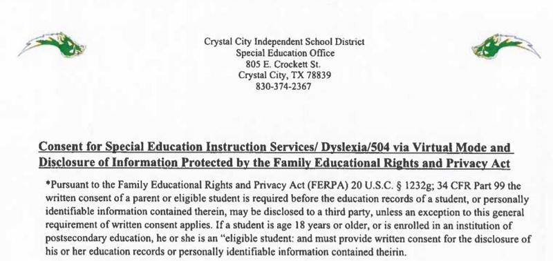 Consent for Special Education Instruction Services, Dyslexia, 504 via Virtual Mode