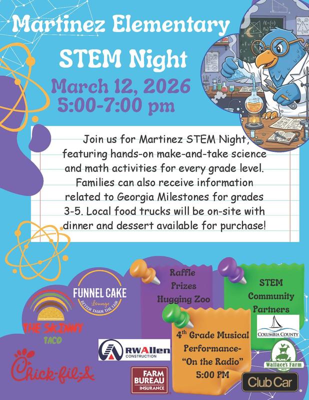 Colorful STEM night flyer for Martinez Elementary featuring activities and food vendors. 
