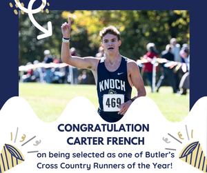 Boy runner holding up #1 finger with congratulations written underneath