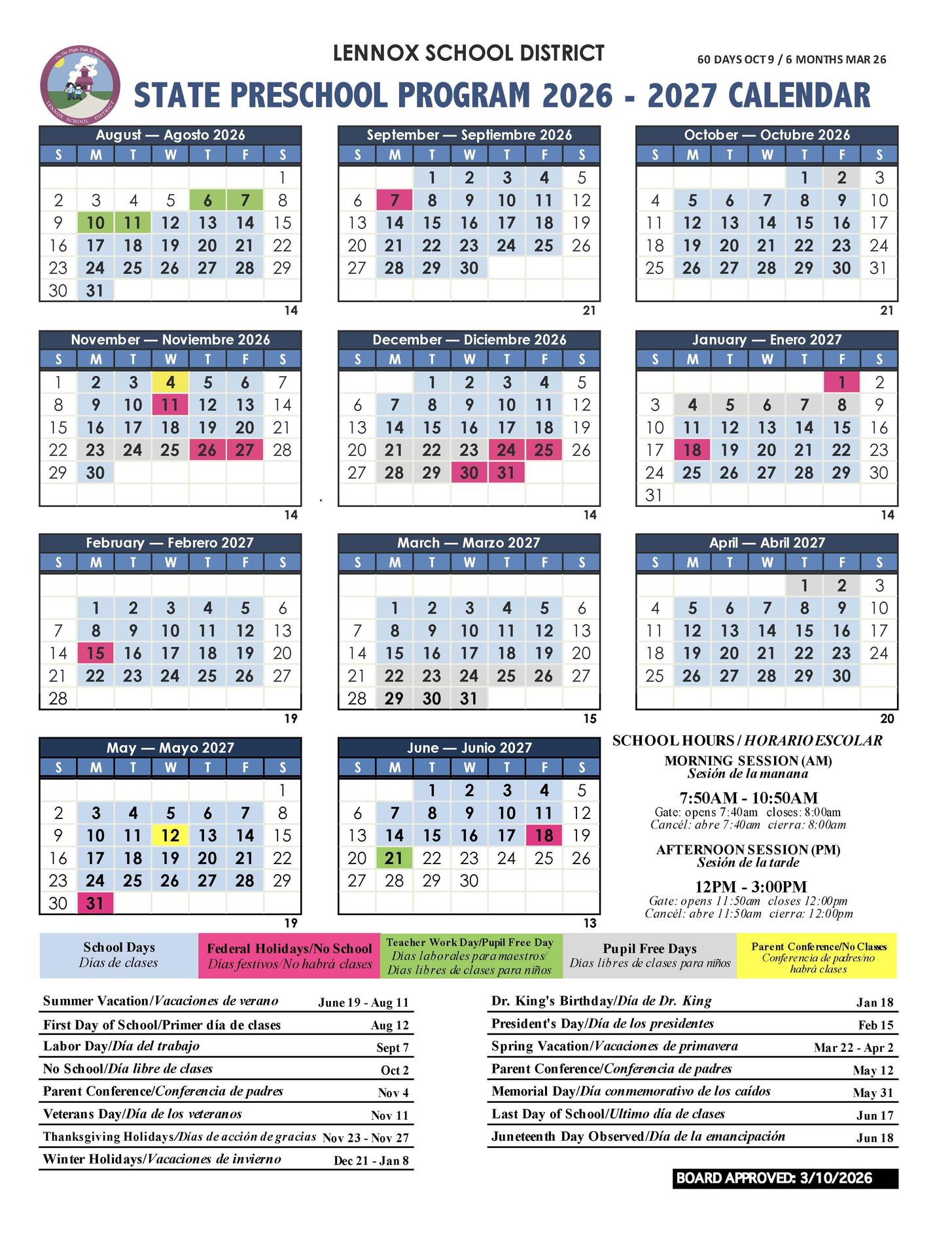 26/27 prek calendar