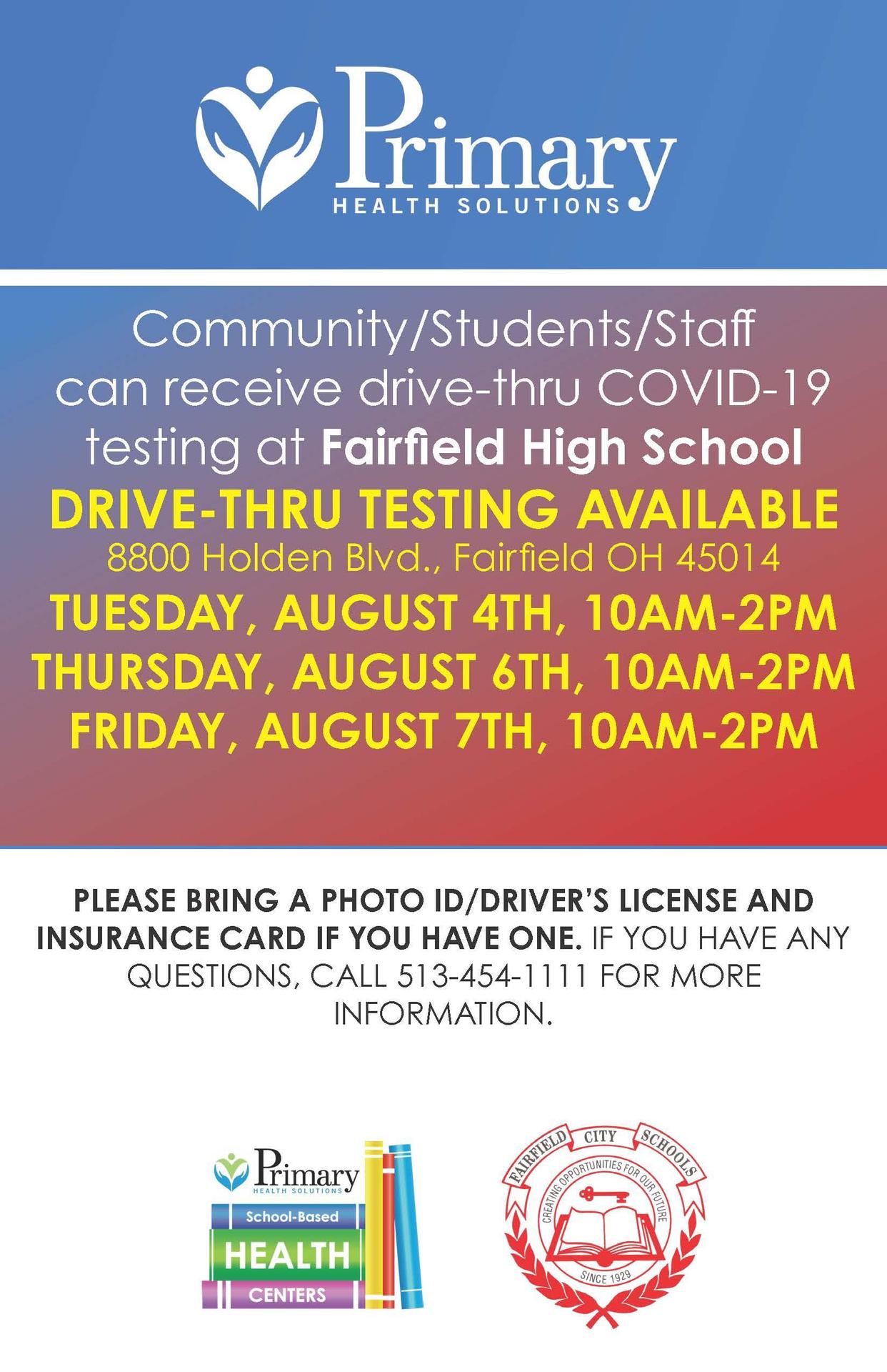 Image of a flyer announcing that Primary Health Solutions will provide free COVID-19 testing Aug. 4, 6 and 7 from 10-2 at FHS.