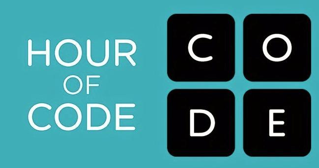 Text on a blue background stating 'Hour of Code' with four black squares.