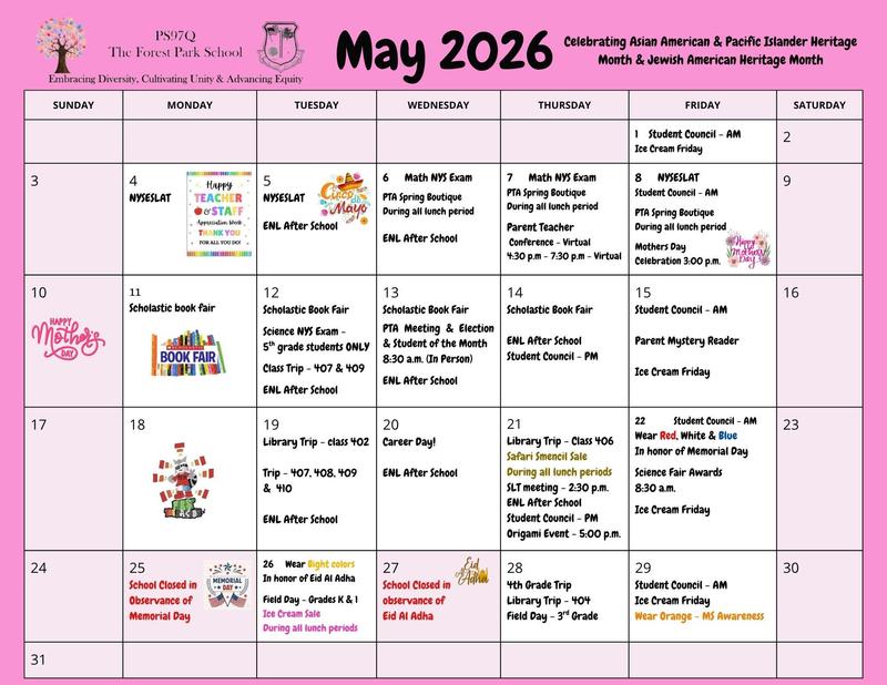 May calendar with events for parents