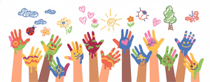 painted childrens hands in the air
