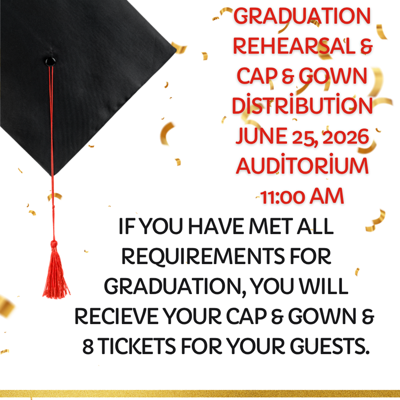 Black graduation cap with a red tassel on a white background with gold confetti. Text announces