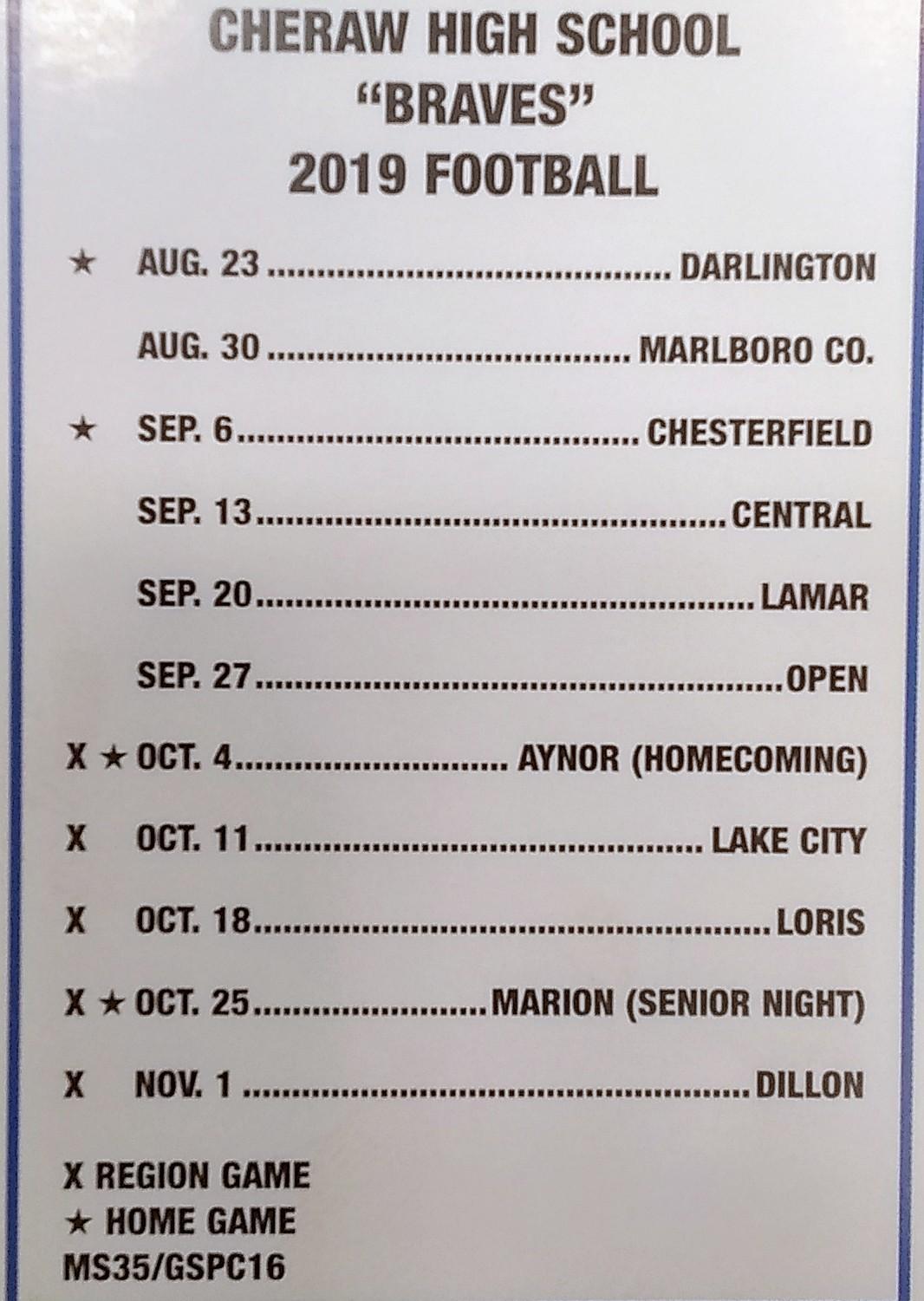 Schedule 20192020 Varsity Football Cheraw High School