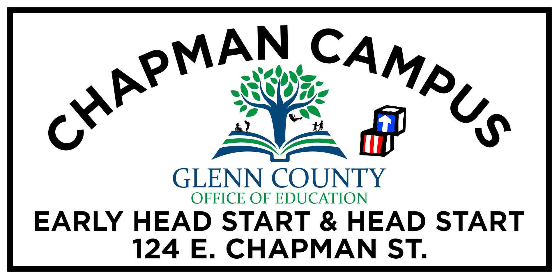 Sign for Chapman Campus with tree logo and educational details.
