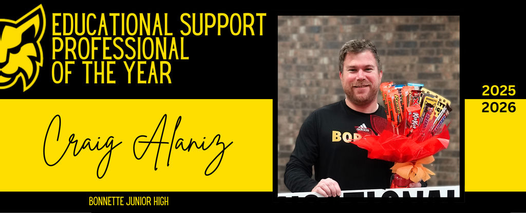 A man holding a candy bouquet with the text Educational Support Professional of the Year.