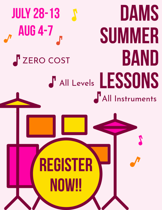 DAMS Summer Band Lessons invitation with a picture of a drum set.