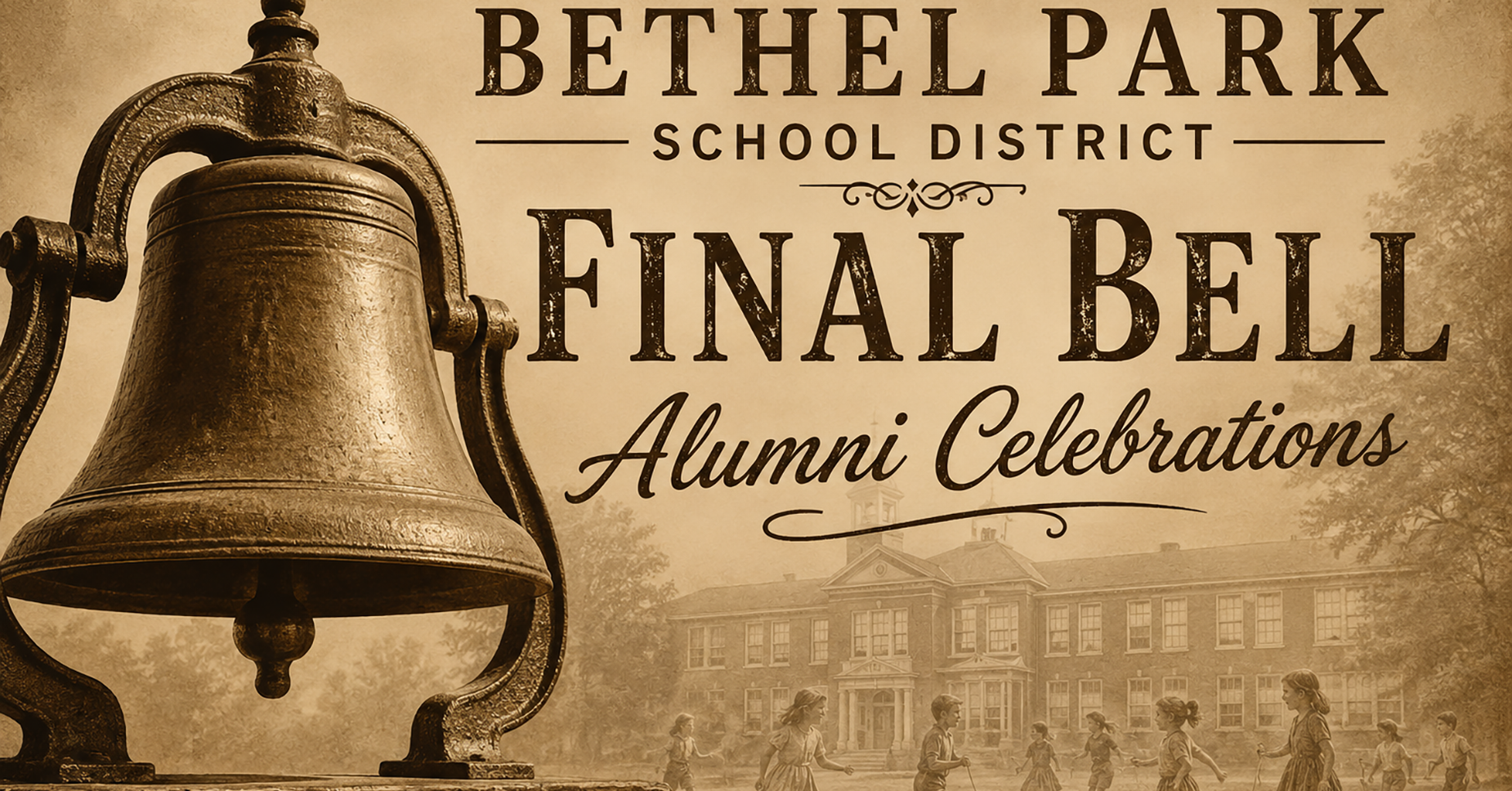 Vintage style depiction of a school bell with alumni celebration text.