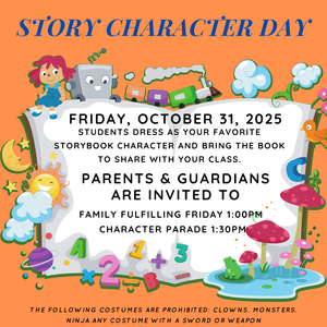 storybook characters on flyer for flyer for school event on October 31st