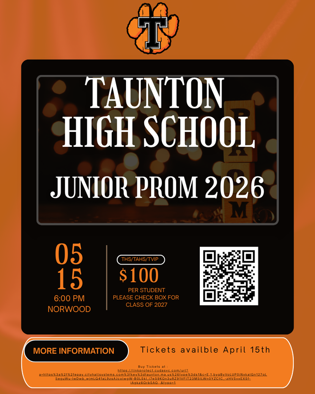 Tickets are available for 2026 Junior Prom May 15th  6-10 pm.  Four Points Sheraton Norwood.