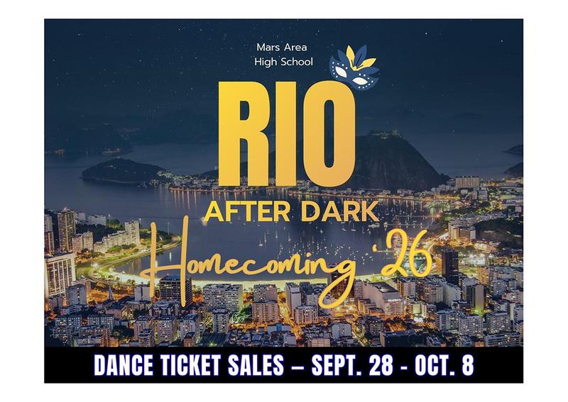 Promotional graphic for Mars Area High School Homecoming featuring a cityscape.