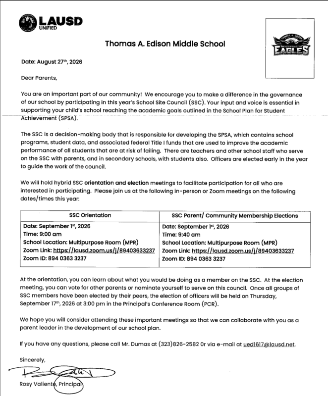 Edison MS-ELAC and SSC Orientation and Election Parents' Invitation Letter-8-27-2026 Featured Photo