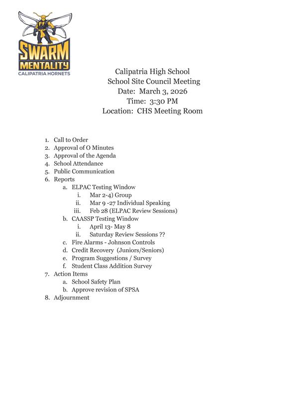 School Site Council Meeting - March 3, 2026 Featured Photo