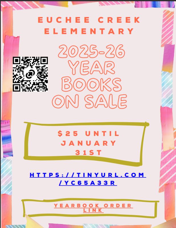 Colorful announcement for Euccee Creek Elementary yearbooks, with QR code and order link.