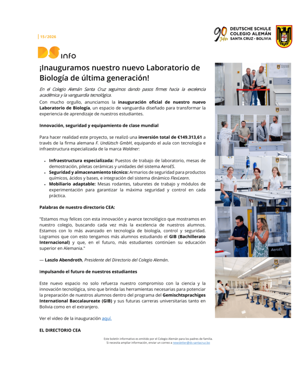 DS-info #15 - 2026: ¡Inauguramos nuestro nuevo Laboratorio de Biología de última generación! Featured Photo
