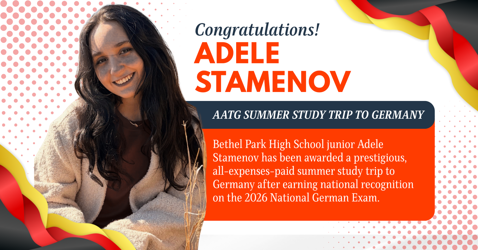 Celebratory announcement honoring Adele Stamenov's summer study trip to Germany.