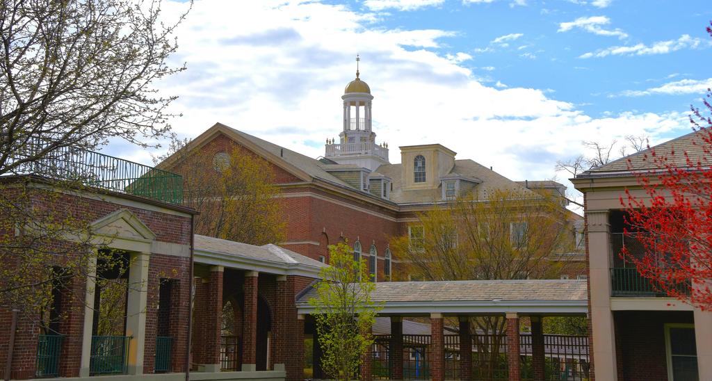 Historic buildings under a clear blue sky with a gold dome in the background.