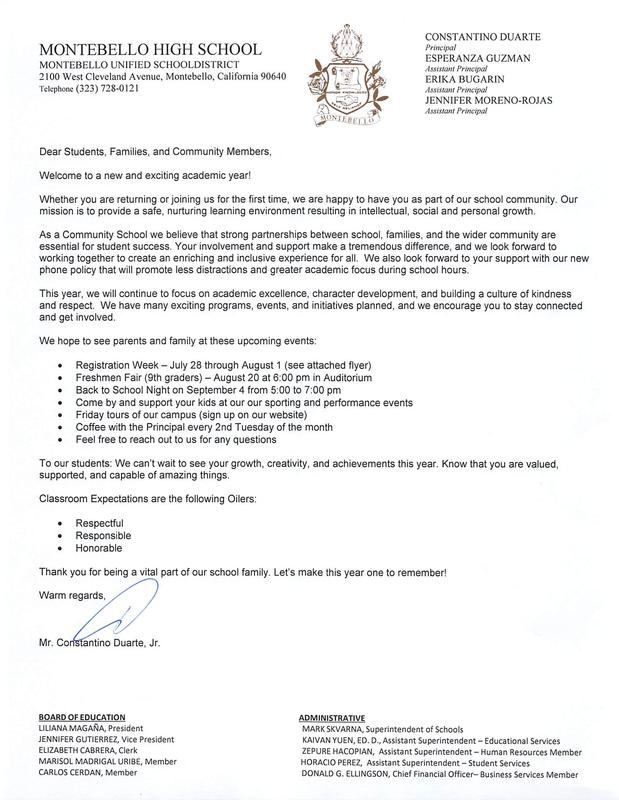 Montebello HS Welcome Back Letter 2025-26
