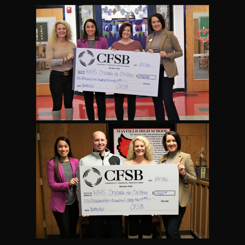 Collage of presentation checks from Mayfield Elementary and from Mayfield High Schools.