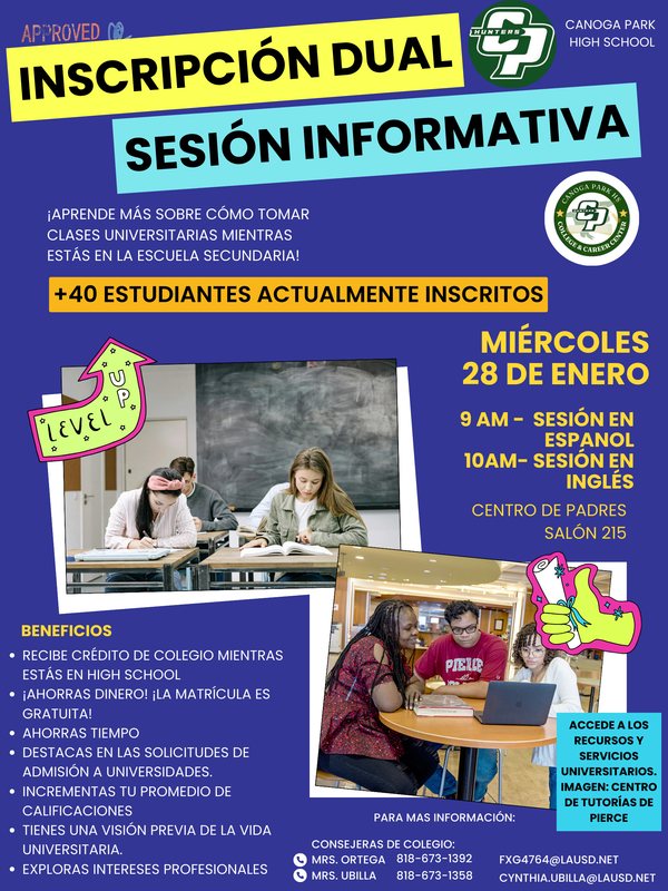 Dual Enrollment Meeting flyer in Spanish