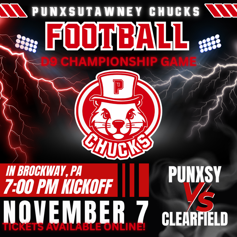 black background with football stadium lights, lightning, Chucks logo and red and white text