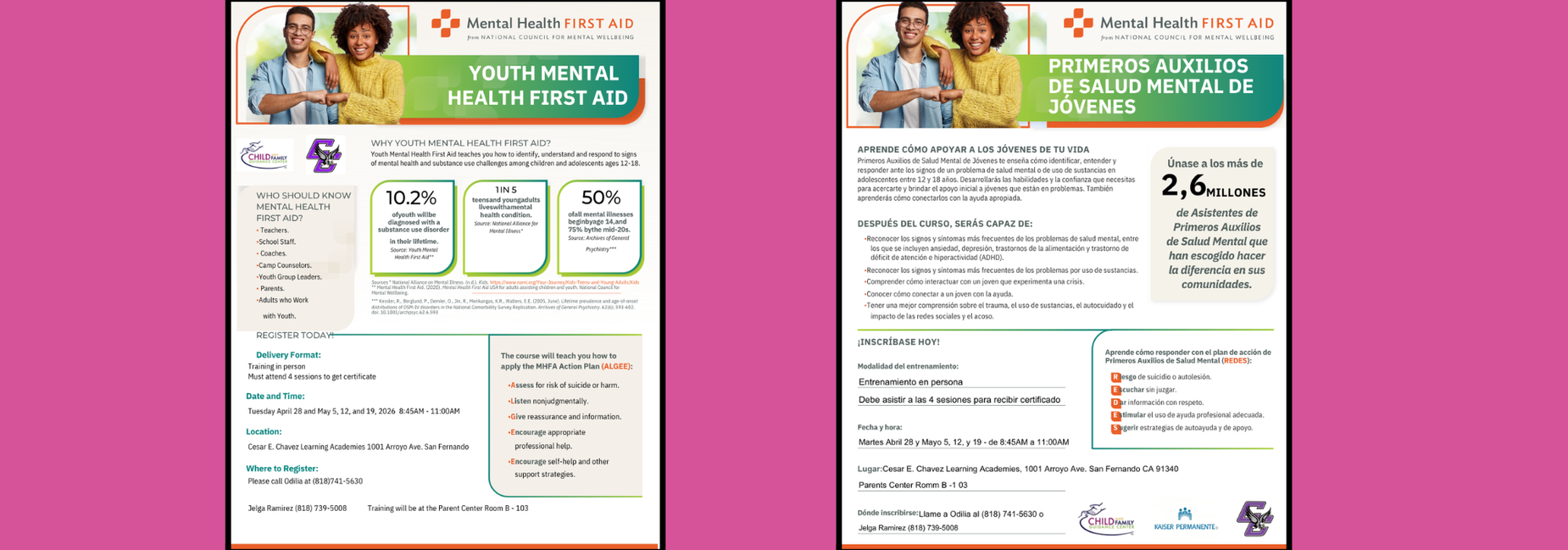 Youth Mental Health First Aid Parent Workshops / Talleres de Primeros Auxilios de Salud Mental de Jovenes