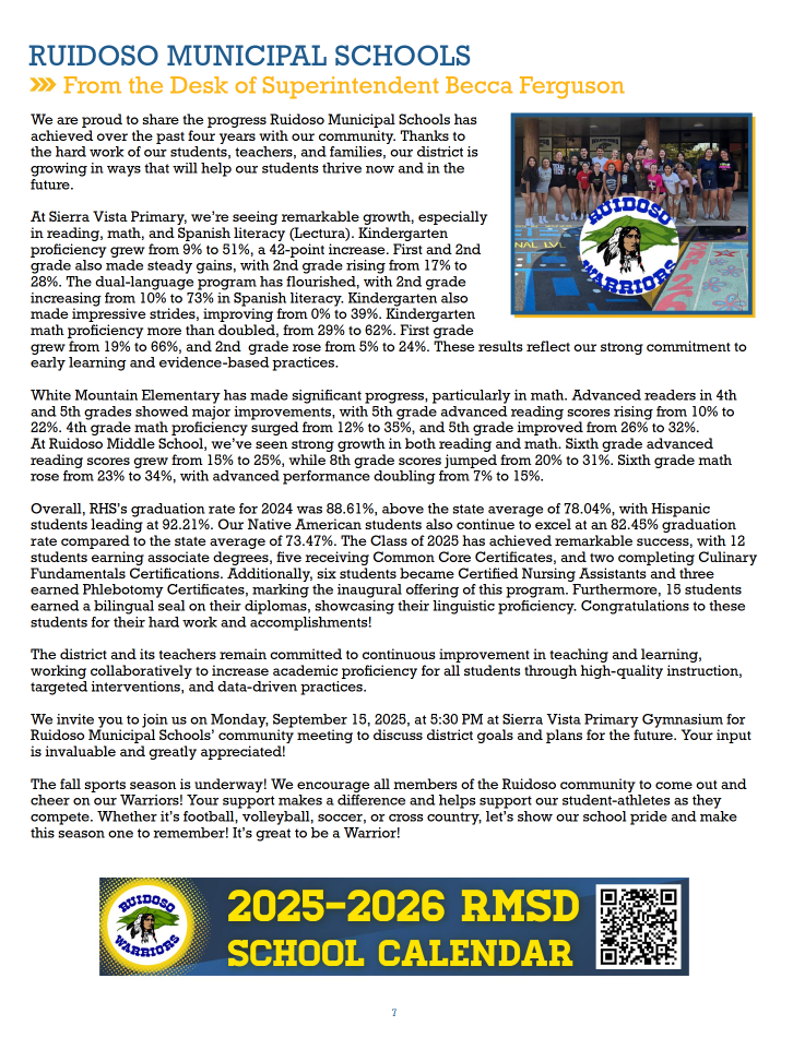 Report on academic progress and enrollment statistics at Sierra Vista Primary School.
