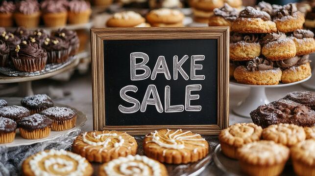 Bakery display with various pastries and a 'Bake Sale' sign.