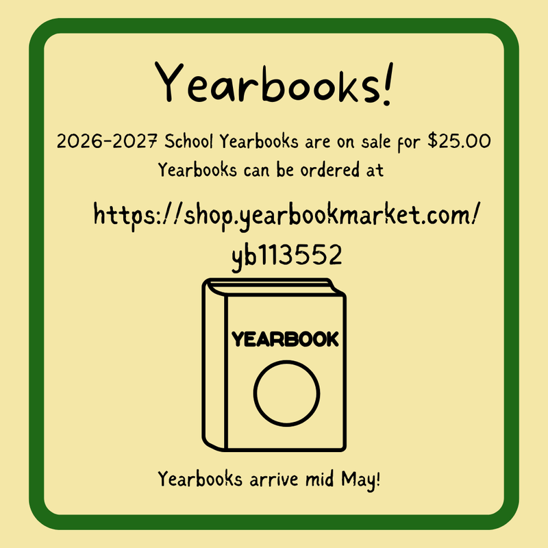yellow background with green border announcing yearbooks are on sale for $25
