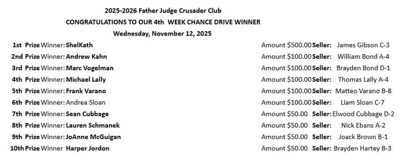 2025-2026 Father Judge Crusader Club	 CONGRATULATIONS TO OUR 4th WEEK CHANCE DRIVE WINNER Featured Photo