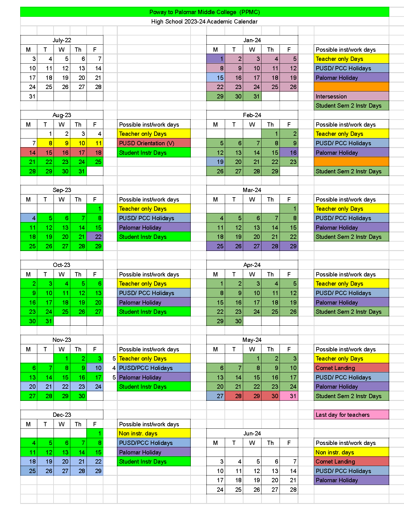 PPMC Calendar Calendars POWAY TO PALOMAR MIDDLE COLLEGE