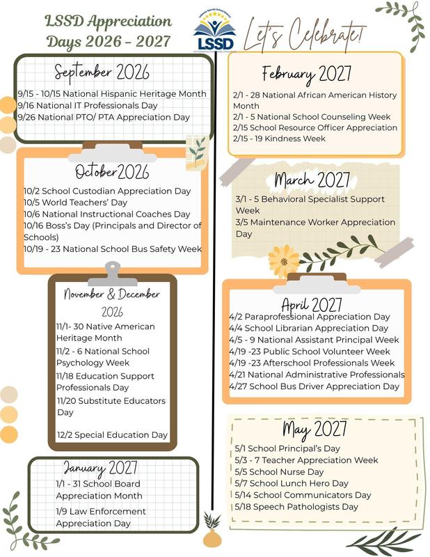 Calendar of appreciation days from September 2026 to May 2027.