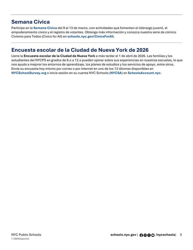 Message to Our Families. Latest updates in NYC Public Schools. March 2026. Spanish 3