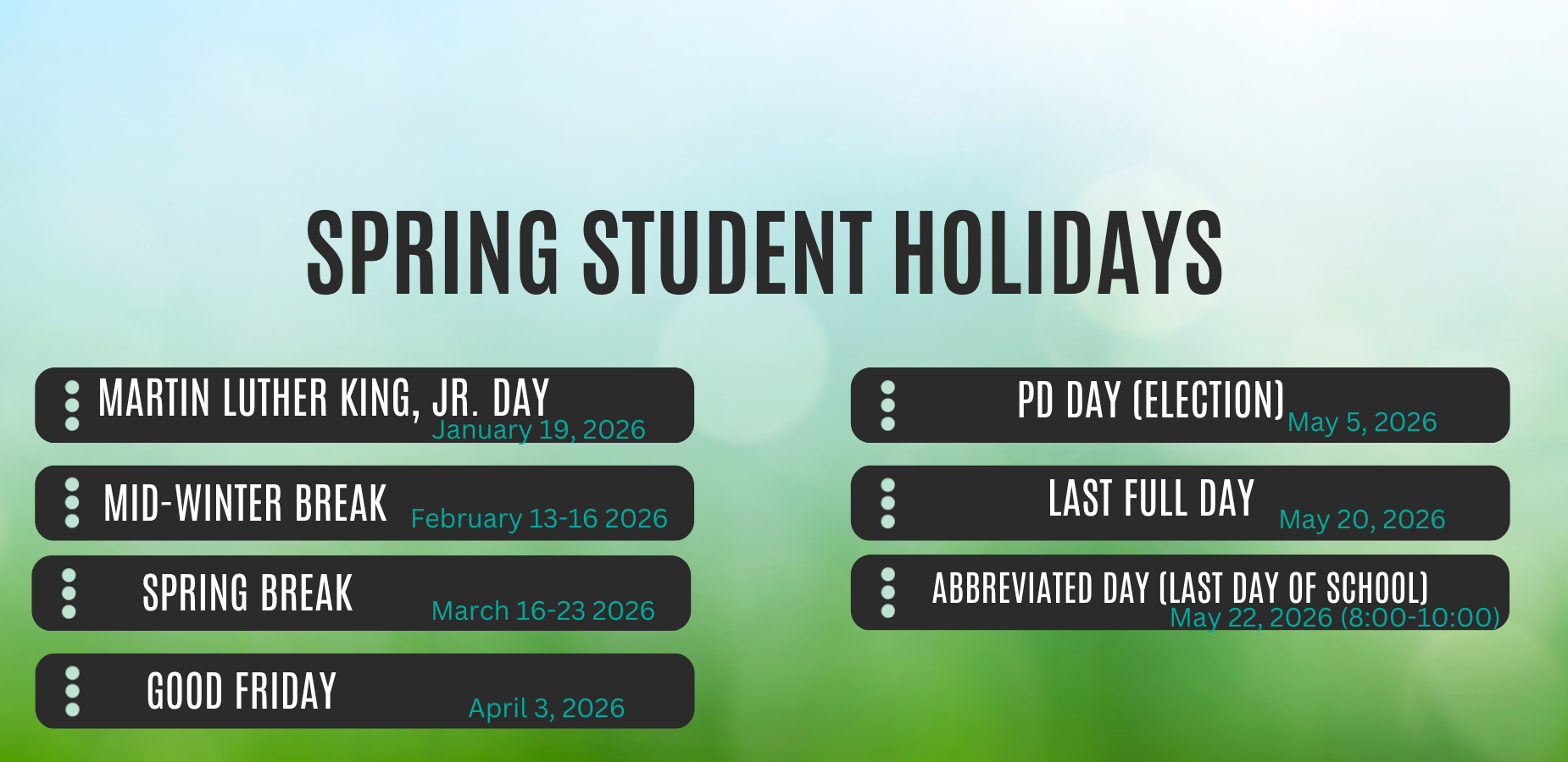 2026 Spring Holidays