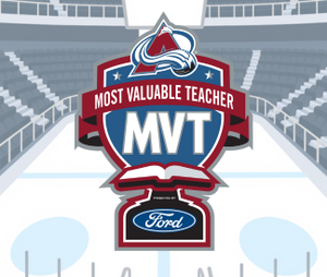 Colorado Avalanche Most Valuable Teacher logo in front of illustrated hockey arena illustration