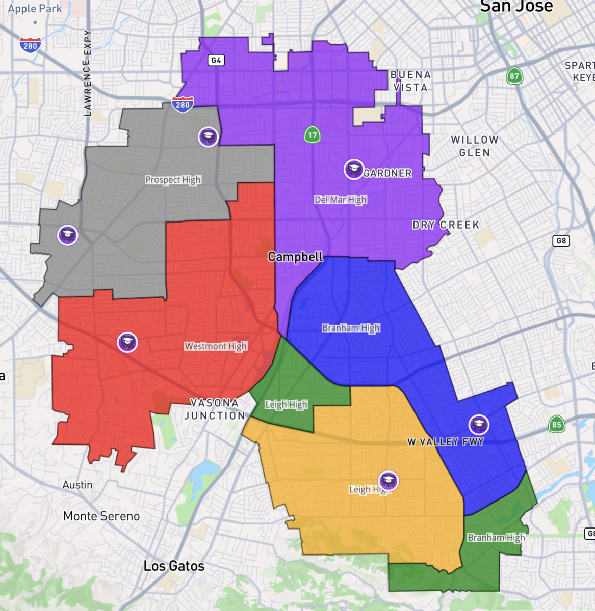 Visual map of district boundaries that links to school locator