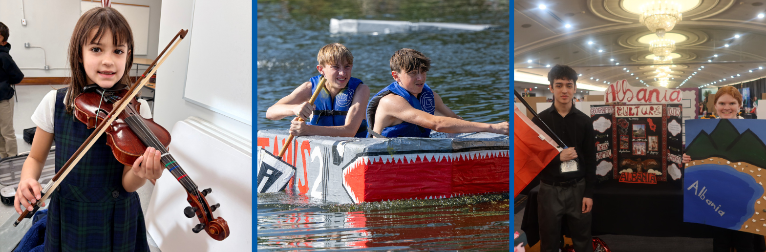 Student playing violin, students rowing a cardboard boat,students representing Albania at Model UN Conferenceand students 