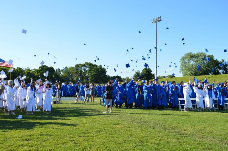 Graduates throw their caps in the air.